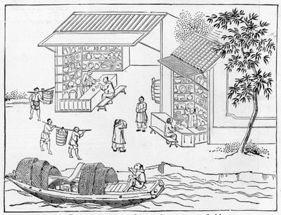 Boutiques de porcelaine et bateaux pour le transport de la porcelaine, d