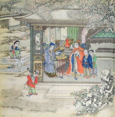 Scène dans un jardin avec une famille recevant des visiteurs - Chinese School