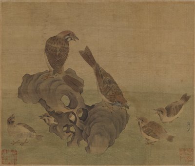 Moineaux nourrissant leurs petits, Dynastie Ming ou Qing - Chinese School