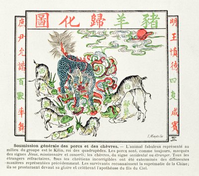 Le Kilin est vénéré par les cochons et les chèvres qui ont réalisé les erreurs du christianisme et reconnaissent la suprématie de la Chine, 1891 - Chinese School