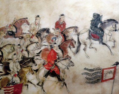 Tombe du Prince Zhanghuai, scène de chasse avec chevaux, Xian, période Han, 706 (fresque) - Chinese School