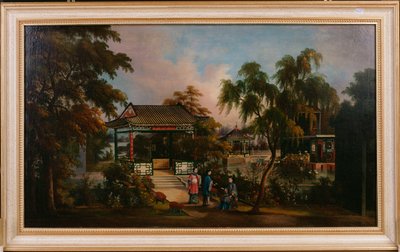 Vue du jardin de Howqua à Canton avec des dames près d