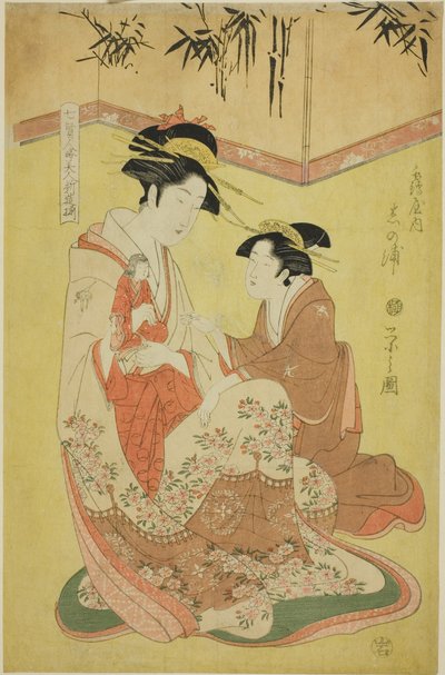 Beautés parodiant les sept sages - Une sélection de jeunes courtisanes (Shichi kenjin yatsushi bijin shinzo zoroe) : Shinoura de la Tsuruya - Chobunsai Eishi
