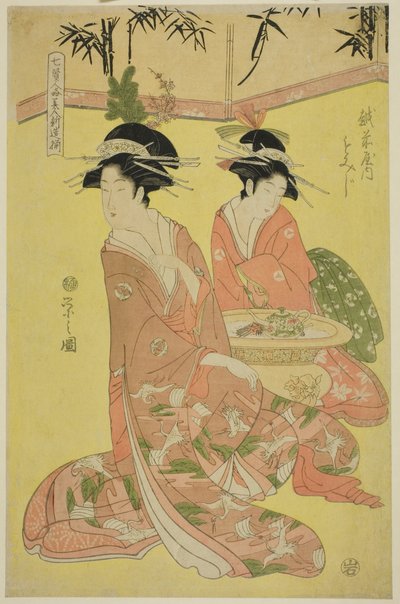 Beautés parodiant les sept sages - Une sélection de jeunes courtisanes (Shichi kenjin yatsushi bijin shinzo zoroe): Momiji de l