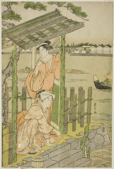 Rassemblement dans une maison de thé sur la rive de la rivière Sumida - Chobunsai Eishi