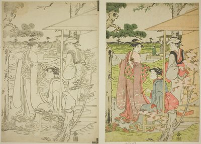 Vue des cerisiers en fleurs depuis une maison de thé sur la colline Asuka - Chobunsai Eishi