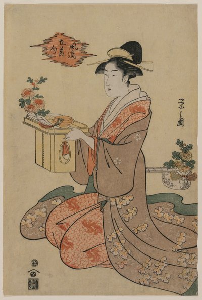 Femme tenant un support de tasse en bois décoré de chrysanthèmes (de la série Images élégantes des cinq festivals saisonniers) - Chobunsai Eishi