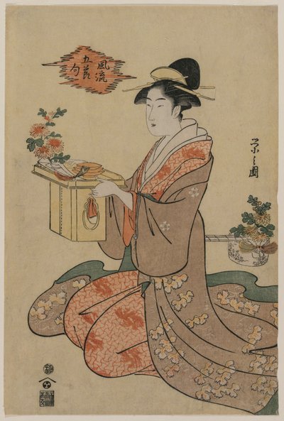 Femme tenant un support de tasse en bois décoré de chrysanthèmes..., milieu des années 1790 - Chobunsai Eishi