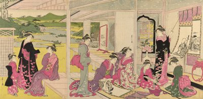 Femmes regardant des rouleaux peints des Dieux de la Bonne Fortune - Chobunsai Eishi