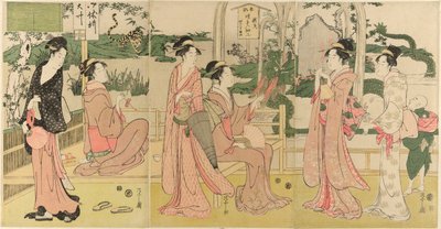 Femmes regardant un dragon et un tigre faits de pochettes de tabac - Chobunsai Eishi