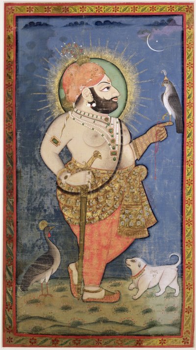 Maharana Bhim Singh de Mewar avec un faucon, Udaipur (Mewar) Rajasthan, c.1805 (gouache avec or sur tissu) - Chokha