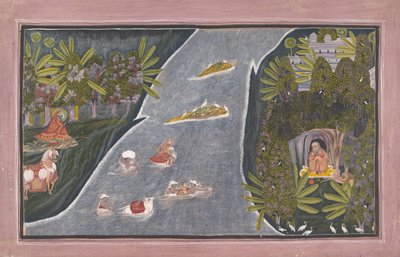 Radha traverse une rivière pour interviewer un sage hindou, vers 1820 - Chokha