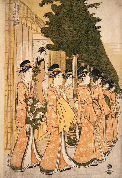 Parade du Nouvel An des Beautés des Maisons Vertes (impression sur bois en couleur) - Choki Eishusai