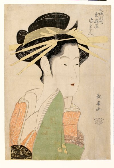 Portrait de la courtisane Tsukasa Dayu de Higashi Ogiya dans le quartier Shinmachi de Osaka - Choki Eishusai