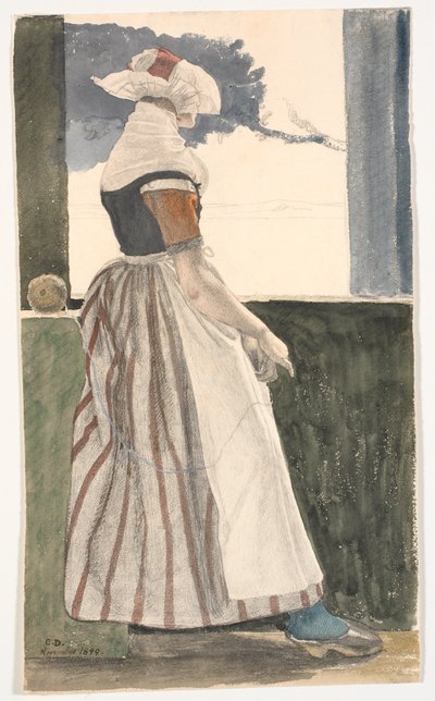 Jeune Fille Tricotant en Costume de Salling, Regardant par une Fenêtre - Christen Dalsgaard