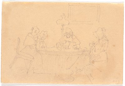 Intérieur du soir. Quatre dames autour d
