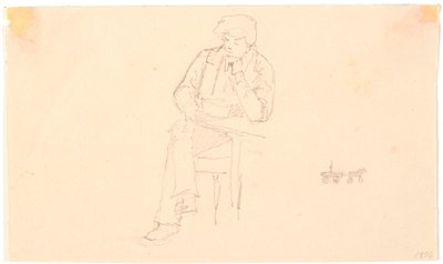 Homme assis à une table et petit croquis de calèche - Christen Købke