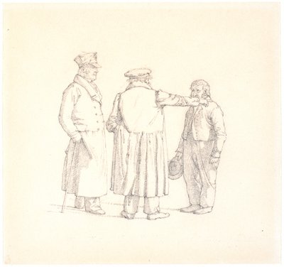 Trois personnes en conversation; de dos au centre le maître boulanger Købke, à gauche le major Krohn et à droite le sergent d