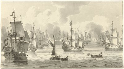 Vue de mer avec flotte de guerre - Christiaan Josi