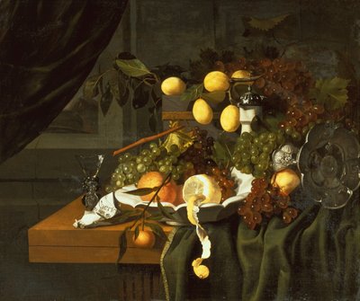 Un Citron Épluché, Oranges et Raisins dans un Plat - Christiaan Luykx or Luycks
