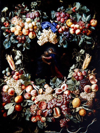La Visitation dans une guirlande de fruits - Christiaan Luykx or Luycks