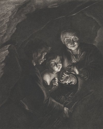 Scène nocturne dans une grotte avec une vieille femme tenant des charbons ardents dans un pot, un garçon soufflant, vers 1750-57 - Christian Friedrich Boëtius