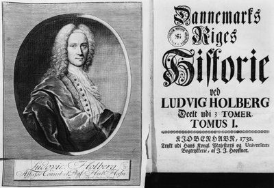 Baron Ludvig Holberg (1684-1754) et la page de titre du Volume I de son Histoire du Danemark, publié à Copenhague, 1732 - Christian Friedrich Fritzsch