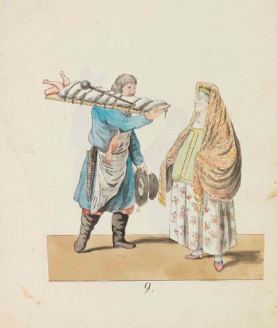 Boucher avec cochon sur la planche et marchande, de la série The St. Petersburg..., 1799 - Christian Gottfried Heinrich Geissler
