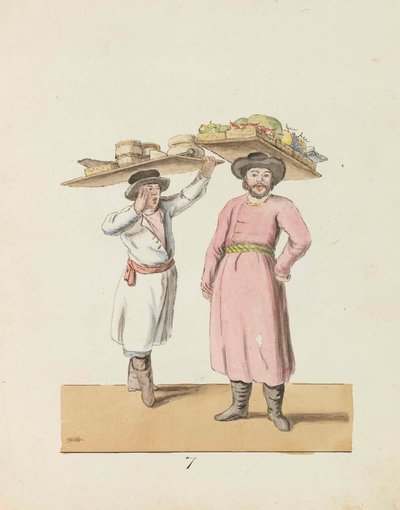 Vendeuse de fruits et paysan vendant du fromage et du hareng de la série The St. Petersburg..., 1799 - Christian Gottfried Heinrich Geissler
