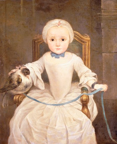 Une jeune fille assise, trois-quarts de longueur, portant une robe ivoire et un bonnet avec un pigeon - Christian Lindner