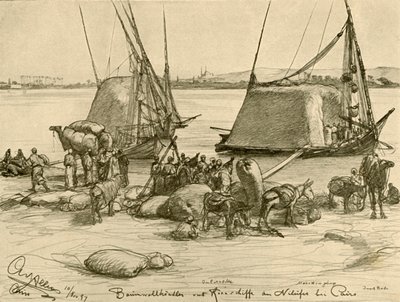 Chargement de coton sur des bateaux à grains, Rivière Nil, Le Caire, Égypte, 1898 - Christian Wilhelm Allers