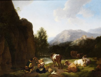 Famille au repos près de vaches au bord d