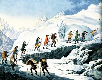 2ème Ascension du Mont Blanc par Horace-Bénédict de Saussure août 1787, gravure colorée par Marquardt Wocher publiée en 1790 - Christian von Mechel