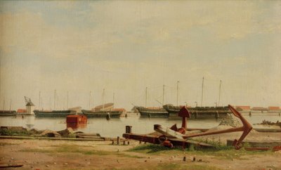 Vue sur Nyholm avec grue et navires de guerre - Christoffer Wilhelm Eckersberg