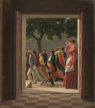 Vue à travers une porte vers des figures en mouvement - Christoffer Wilhelm Eckersberg