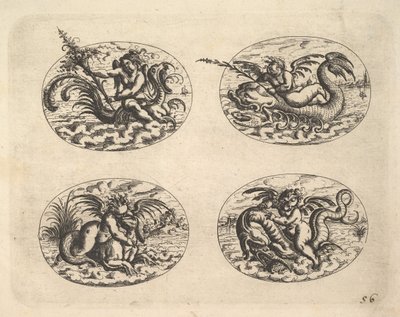 Quatre ovales avec génies, planches du Neue Grotessken Buch, 1610 - Christoph Jamnitzer
