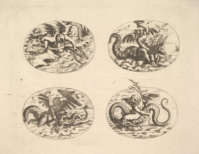 Putti avec des monstres marins, planches du Neue Grotessken Buch - Christoph Jamnitzer