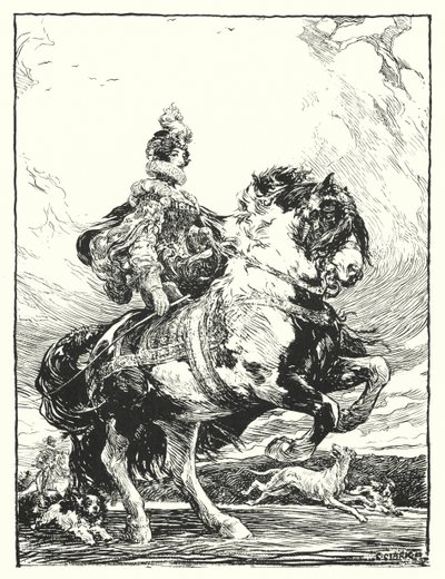 Femme en costume Tudor chassant à cheval - Christopher (after) Clark