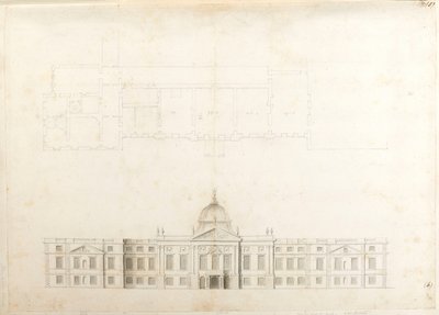 Palais de Hampton Court, plan partiel et élévation esquissée pour une façade d