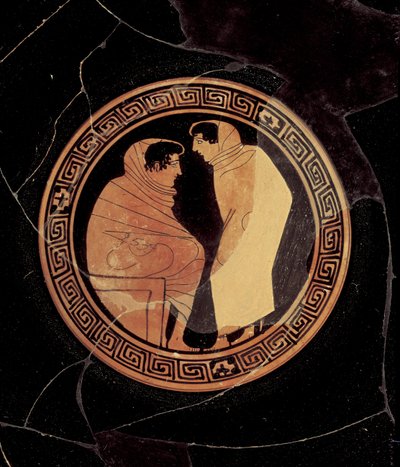 Kylix à figures rouges attique représentant une conversation entre deux hommes, vers 450 av. J.-C. (détail) - Circle of the Penthesilia Painter attr. to Circle of the Penthesilia Painter attr. to