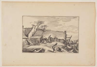 Ferme, homme portant un panier au premier plan, extrait de Paysages (Verscheyden aerdige Lanthuysen...) - Claes Jansz. Visscher