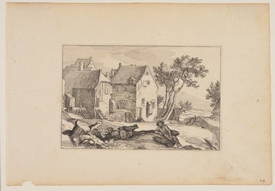 Cour de ferme, berger au repos au premier plan, extrait de Paysages (Verscheyden aerdige Lanthuysen...) - Claes Jansz. Visscher