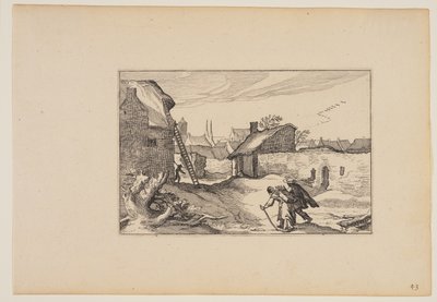 Village, échelle dressée contre la maison à gauche, extrait de Paysages (Verscheyden aerdige Lanthuysen...) - Claes Jansz. Visscher