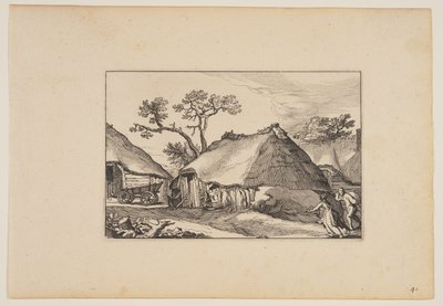 Deux granges, charrette à gauche, extraites de Paysages (Verscheyden aerdige Lanthuysen...) - Claes Jansz. Visscher