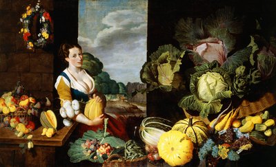 Une jeune femme à un étal de fruits et légumes - Claes van Heussen