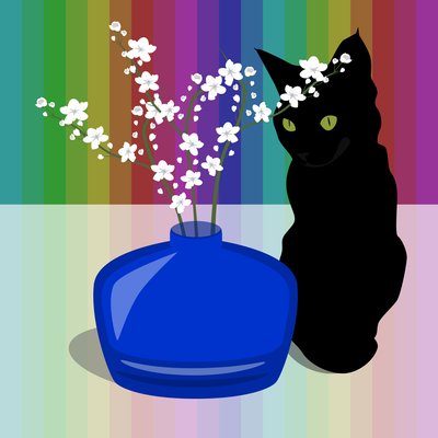 Vase en verre bleu avec fleurs et chat noir - Claire Huntley