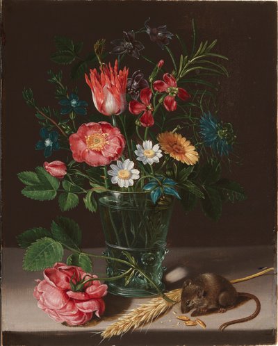 Fleurs dans un vase avec une souris grignotant - Clara Peeters