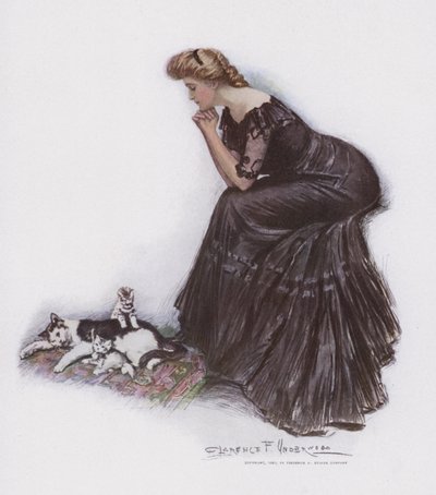 Femme regardant un chat et ses chatons - Clarence F. Underwood