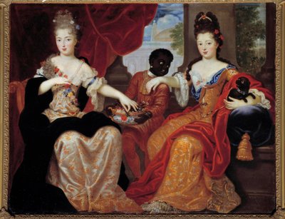 Portraits de Mademoiselle de Blois et Mademoiselle de Nantes servies par leur serviteur noir - Claude Francois Vignon