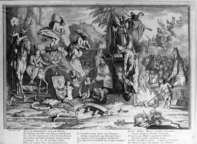 Cérémonies du sabbat, démons, sorcières et créatures monstrueuses dansant. Gravure par Gillot - Claude Gillot
